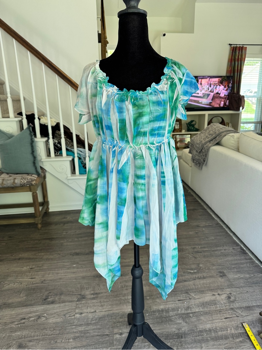 Unique Vintage Blue Green Watercolor Fairycore Peasant Blouse